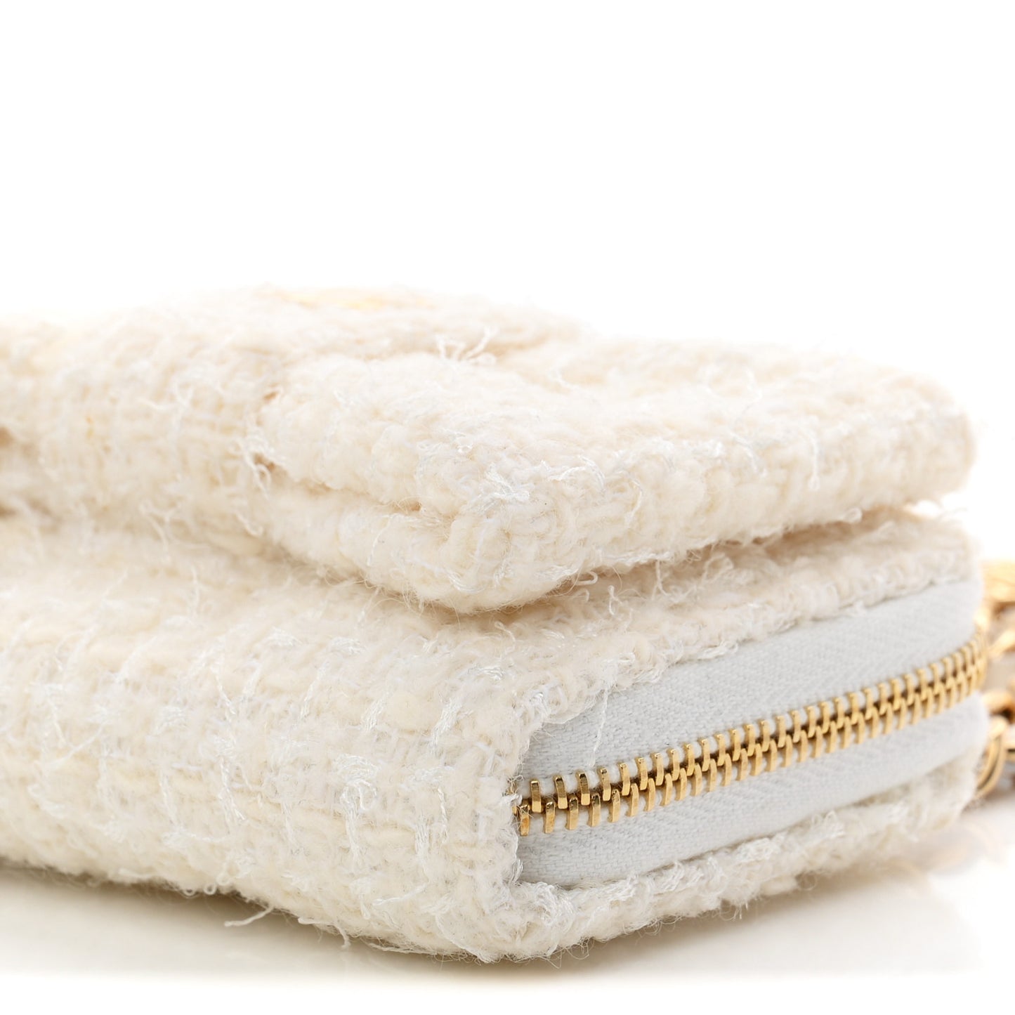 Tweed Quilted Bow Flap Card Holder On Chain White