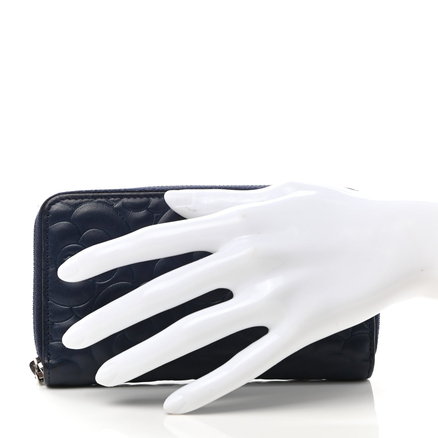 Lambskin Camellia Embossed Medium Zip Around Wallet Navy