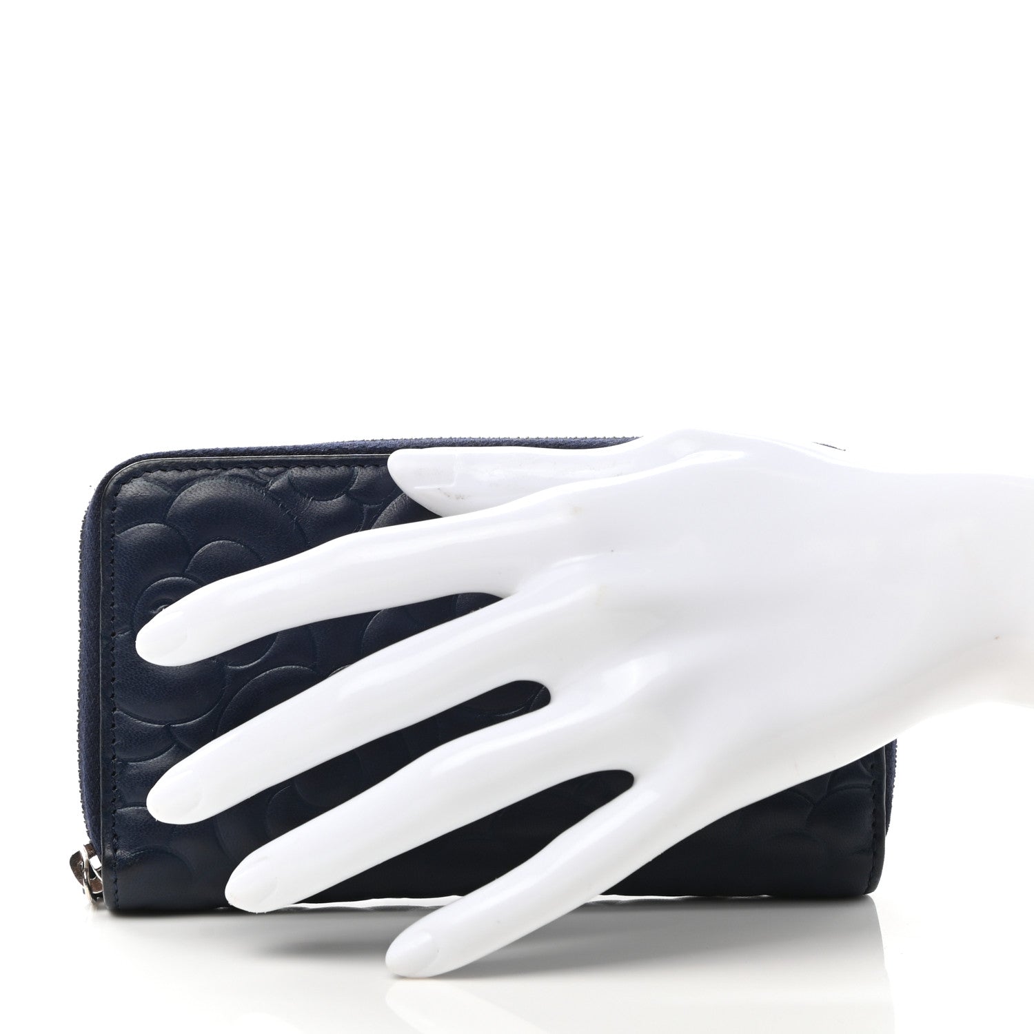 Chanel Lambskin Camellia Embossed Medium Zip Around Wallet Navy 2 of 8