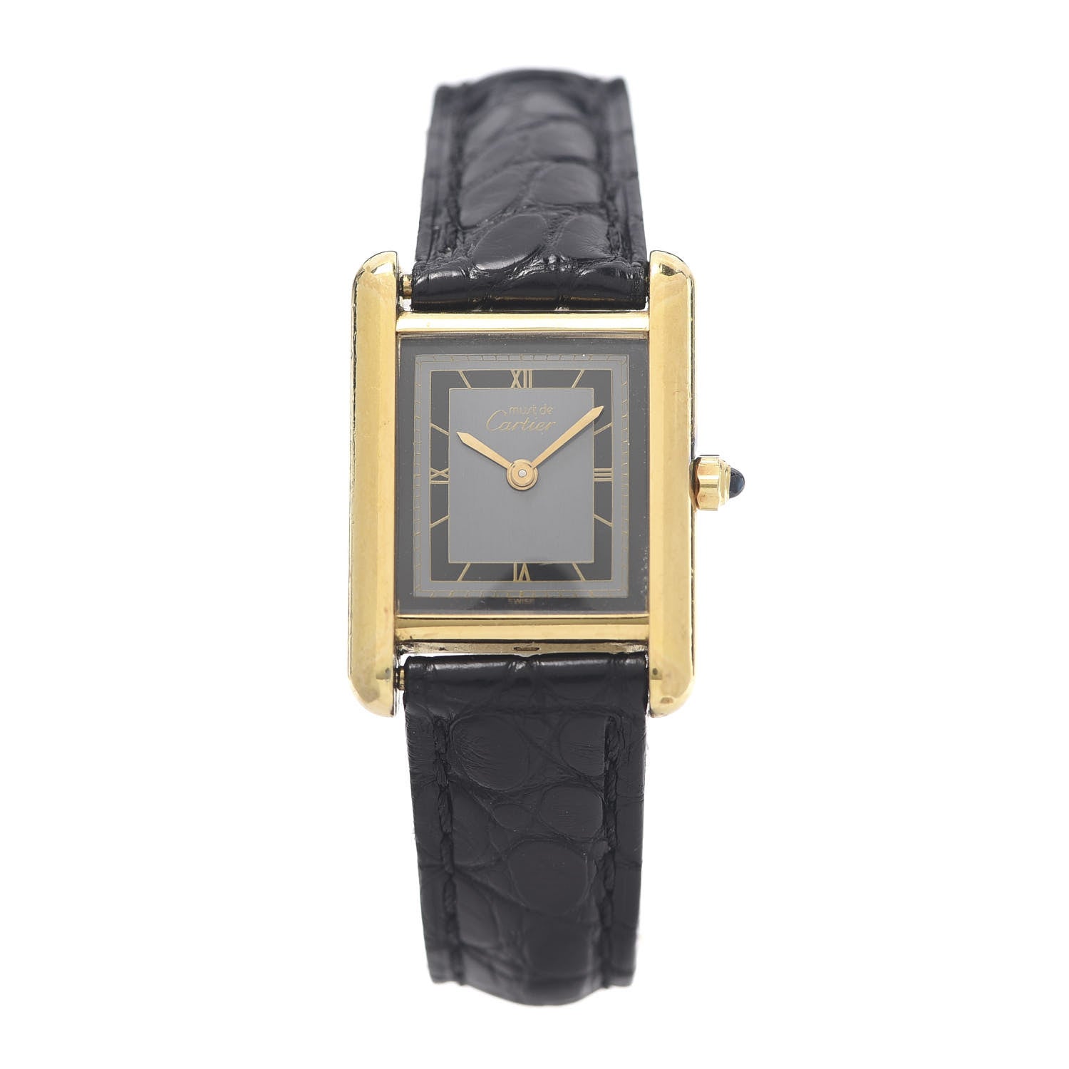 Cartier Sterling Silver Vermeil Alligator 20mm Must de Cartier Tank Quartz Watch Grey 1 of 9