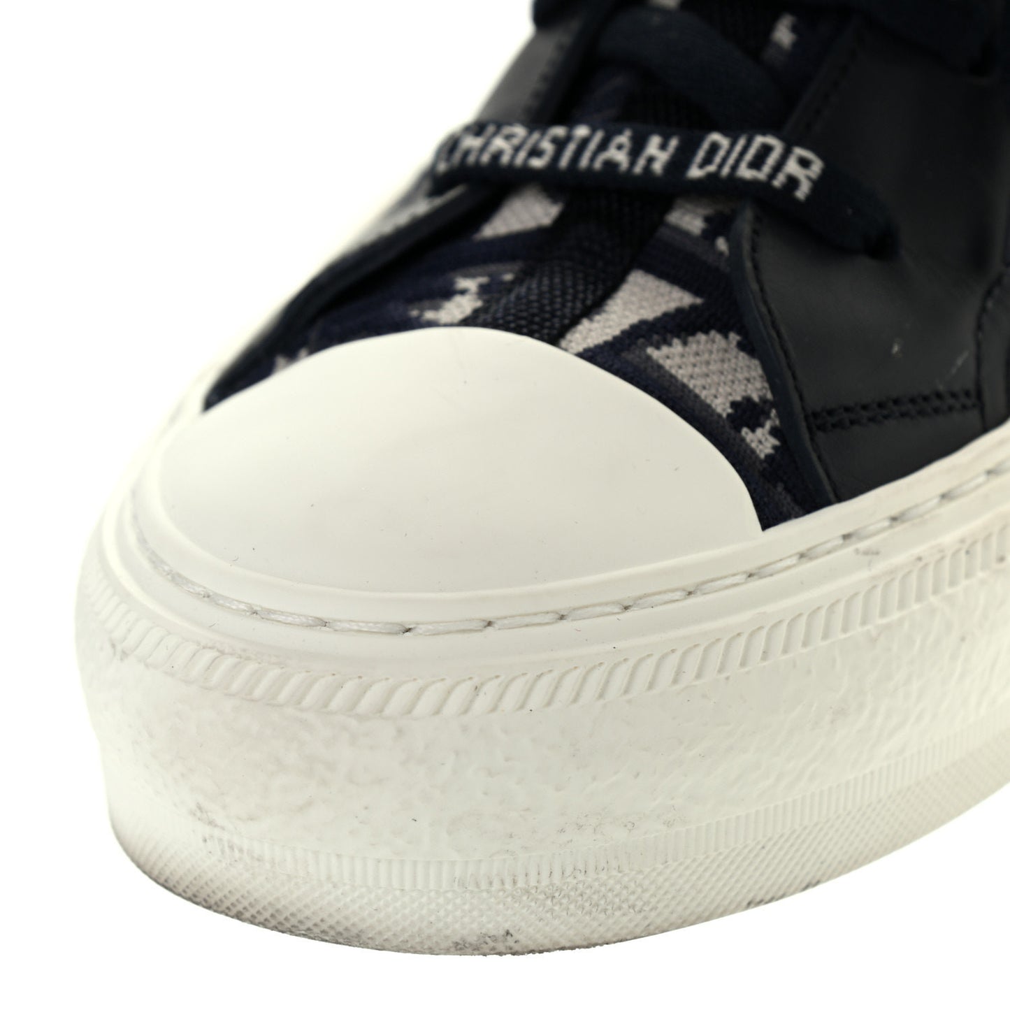 Technical Knit Calfskin Oblique Womens Walk'n Dior Mid Top Sneakers 38.5 Deep Blue