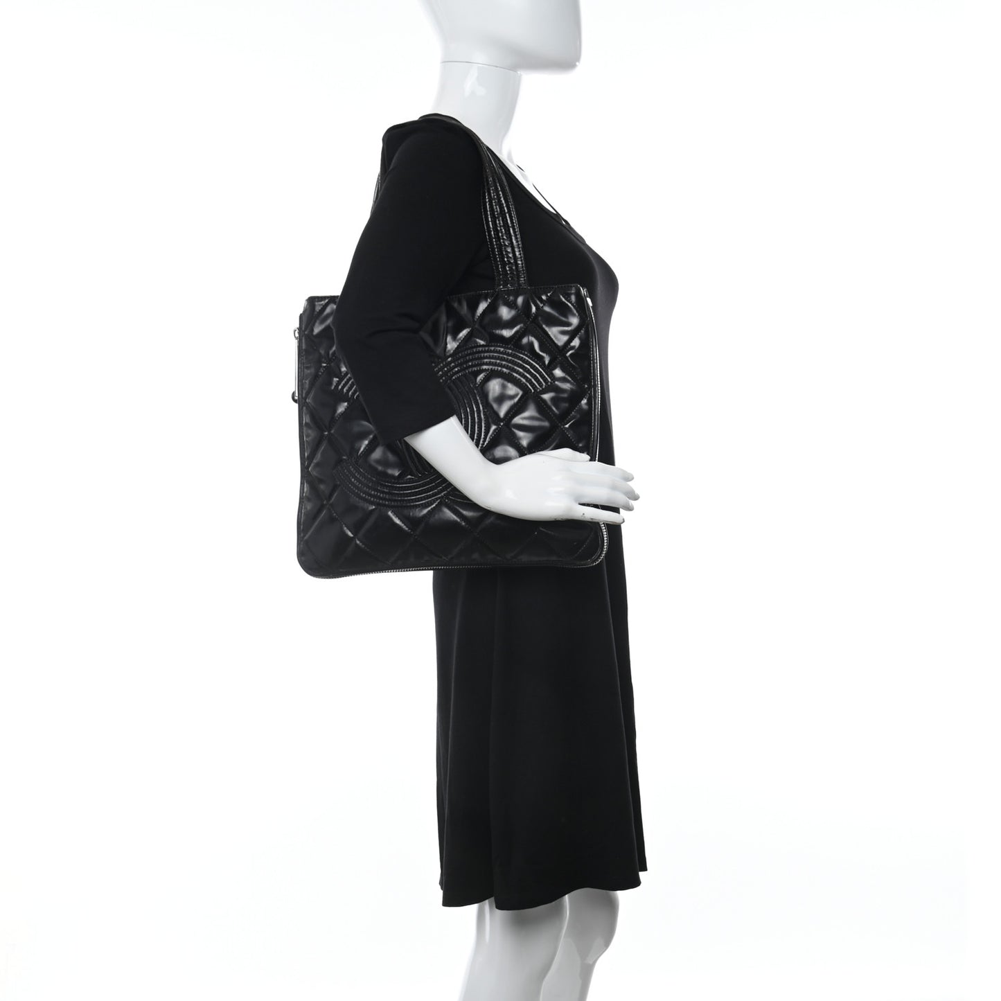 Patent Quilted Expandable CC Shoping Tote Black