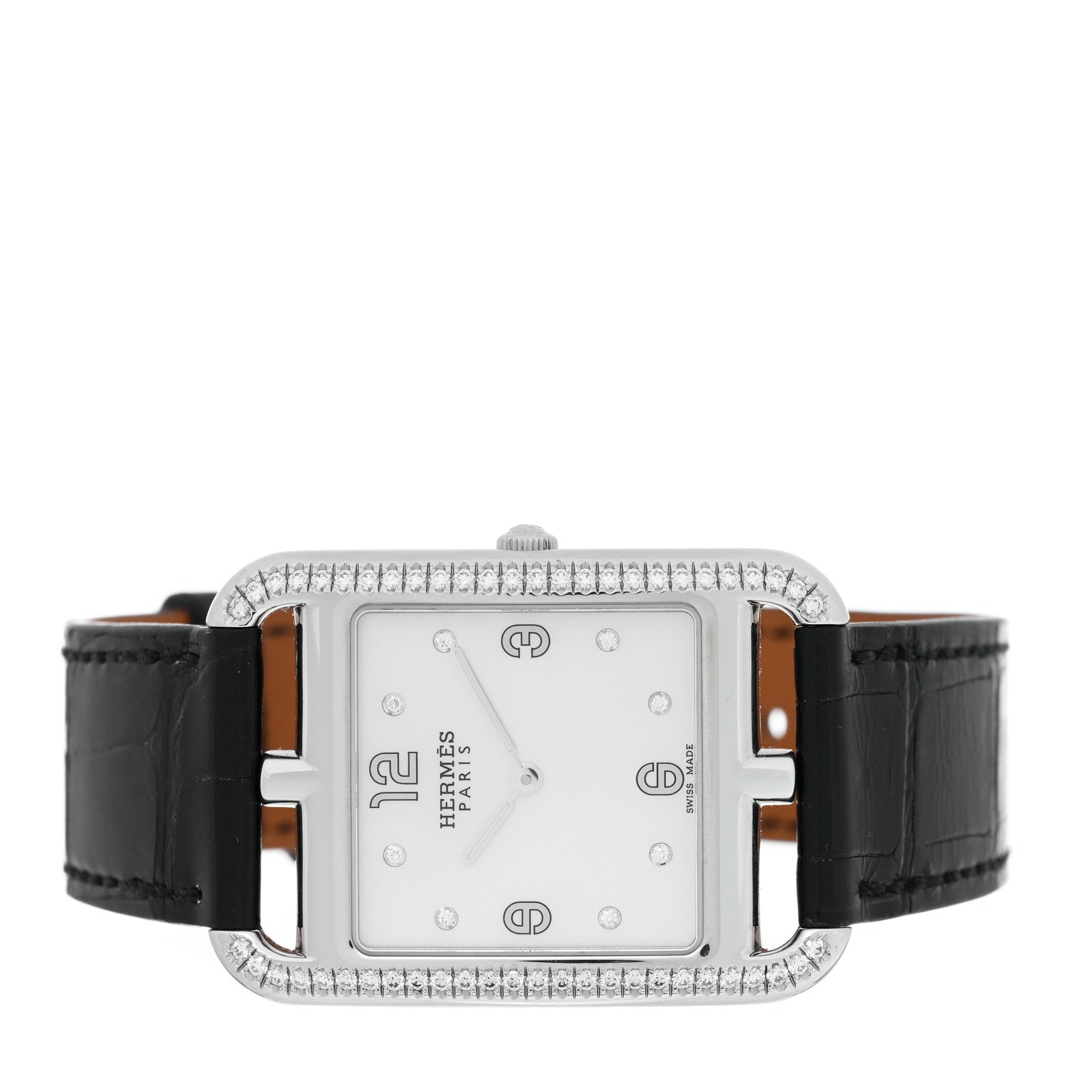Hermes Stainless Steel Alligator Diamond Bezel Mother of Pearl 29mm Cape Cod Quartz Watch Noir 2 of 5