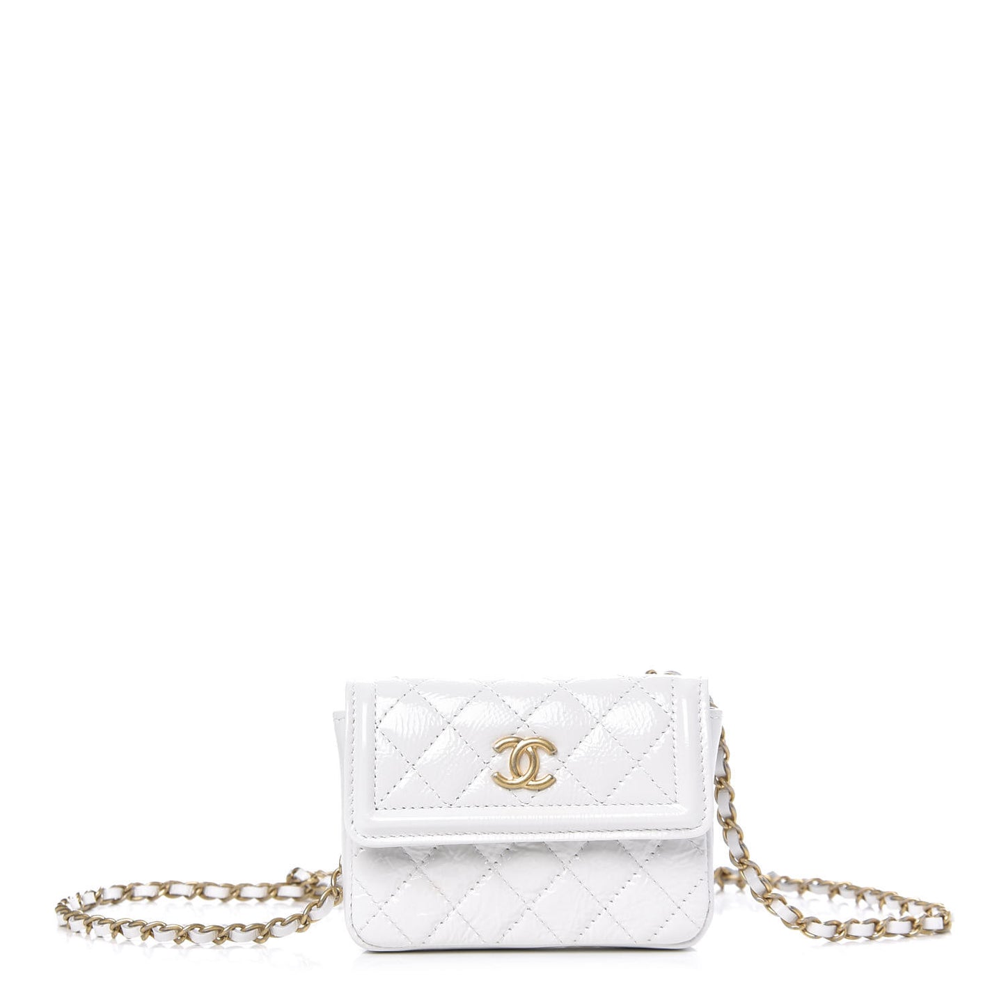 Shiny Aged Calfskin Quilted Waist Belt Bag White