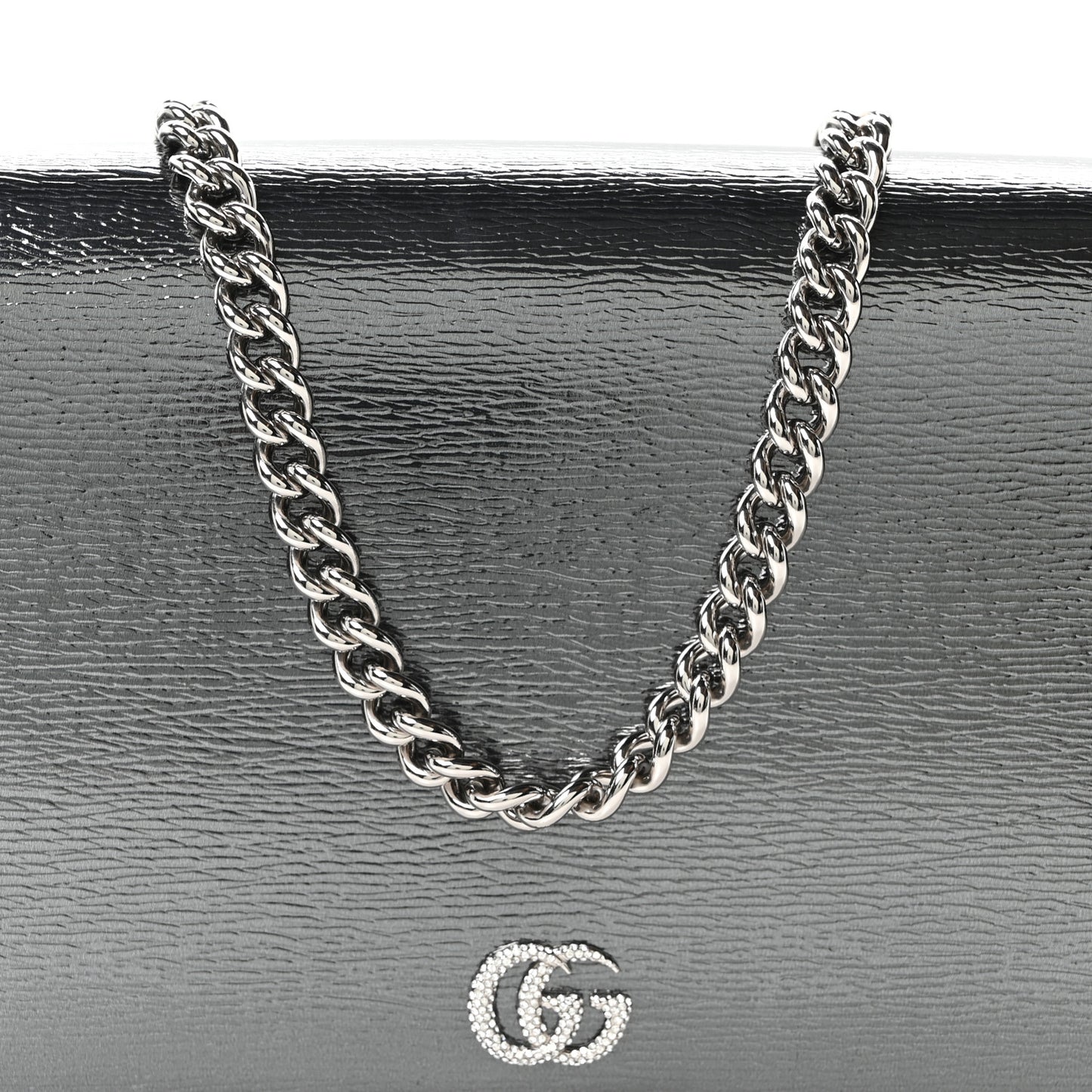 Textured Patent Bi-color GG Marmont Wallet on Chain  Silver Blue