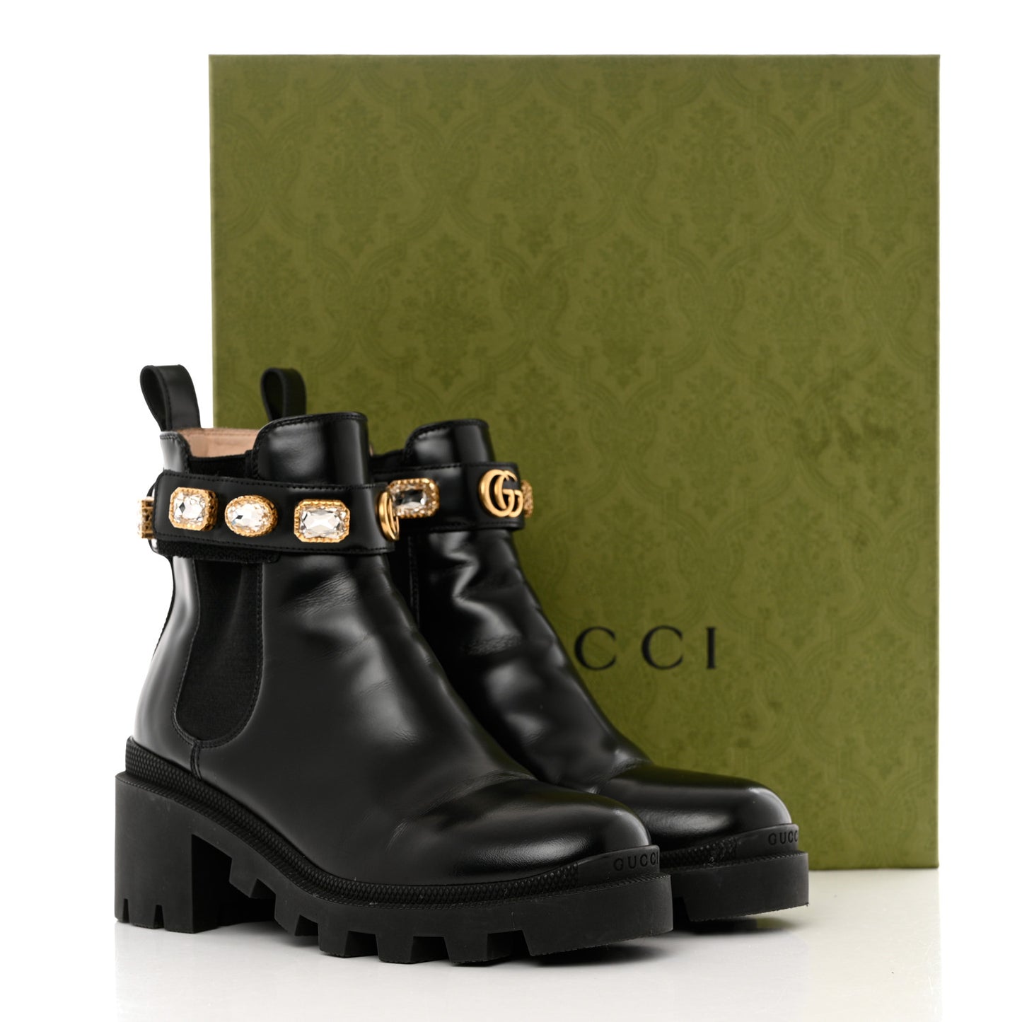 Calfskin Crystal GG Trip Chelsea Ankle Boots 36 Black