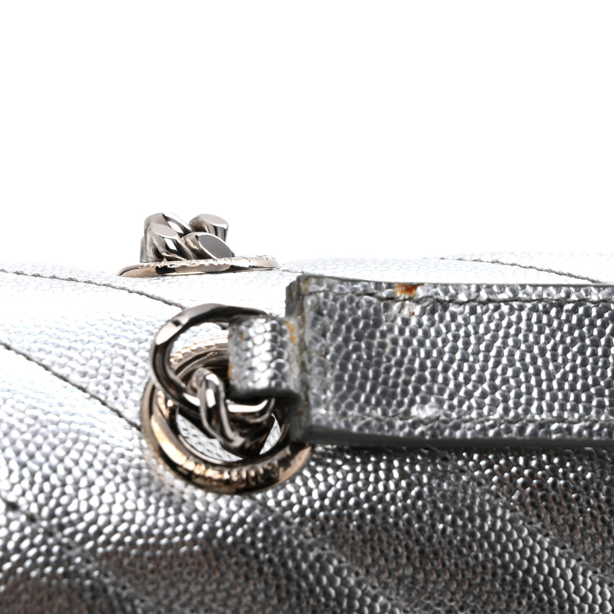 Saint Laurent Metallic Grain De Poudre Matelasse Chevron Medium Monogram Satchel Silver 10 of 14