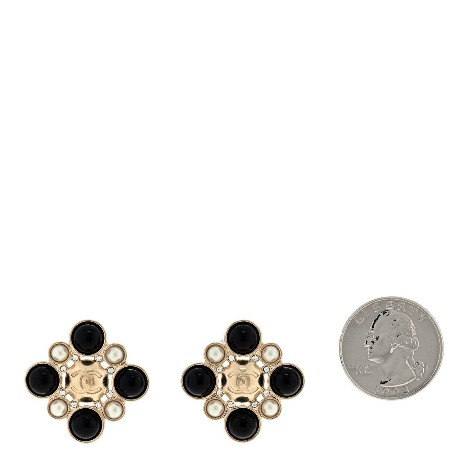 Chanel Gripoix Poured Glass Pearl Crystal CC Earrings Gold Black 2 of 4