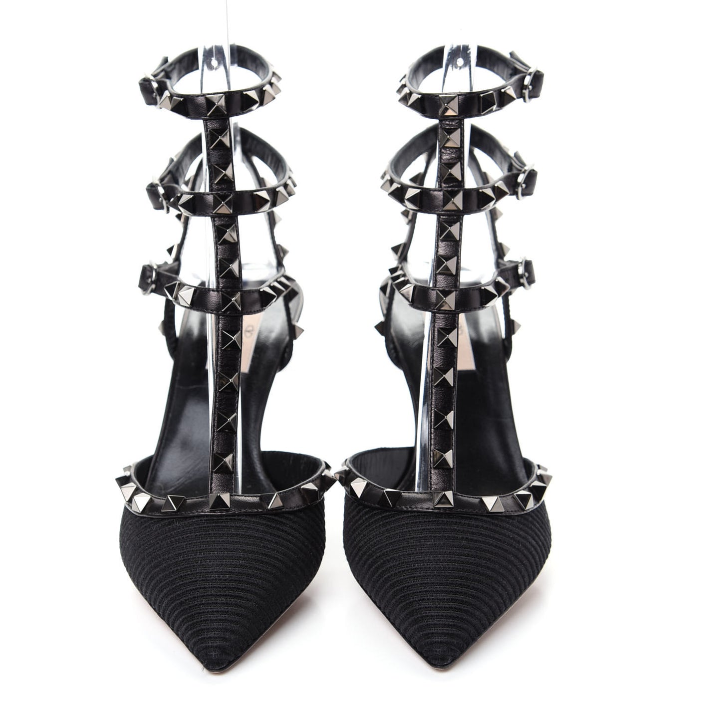 Ottoman Fabric Rockstud Ankle Strap Low Heel Pumps 38.5 Black