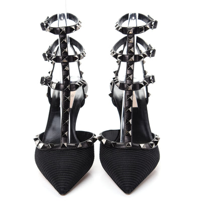 Valentino Garavani Ottoman Fabric Rockstud Ankle Strap Low Heel Pumps 38.5 Black 5 of 11