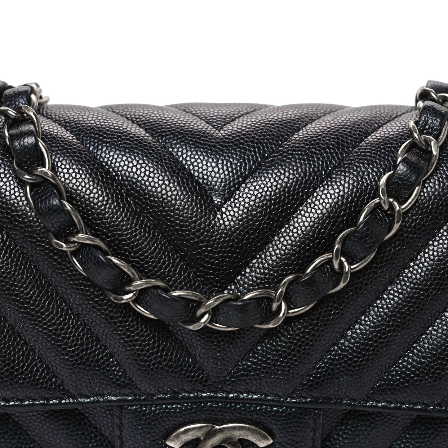 Metallic Caviar Chevron Quilted Mini Rectangular Flap Black