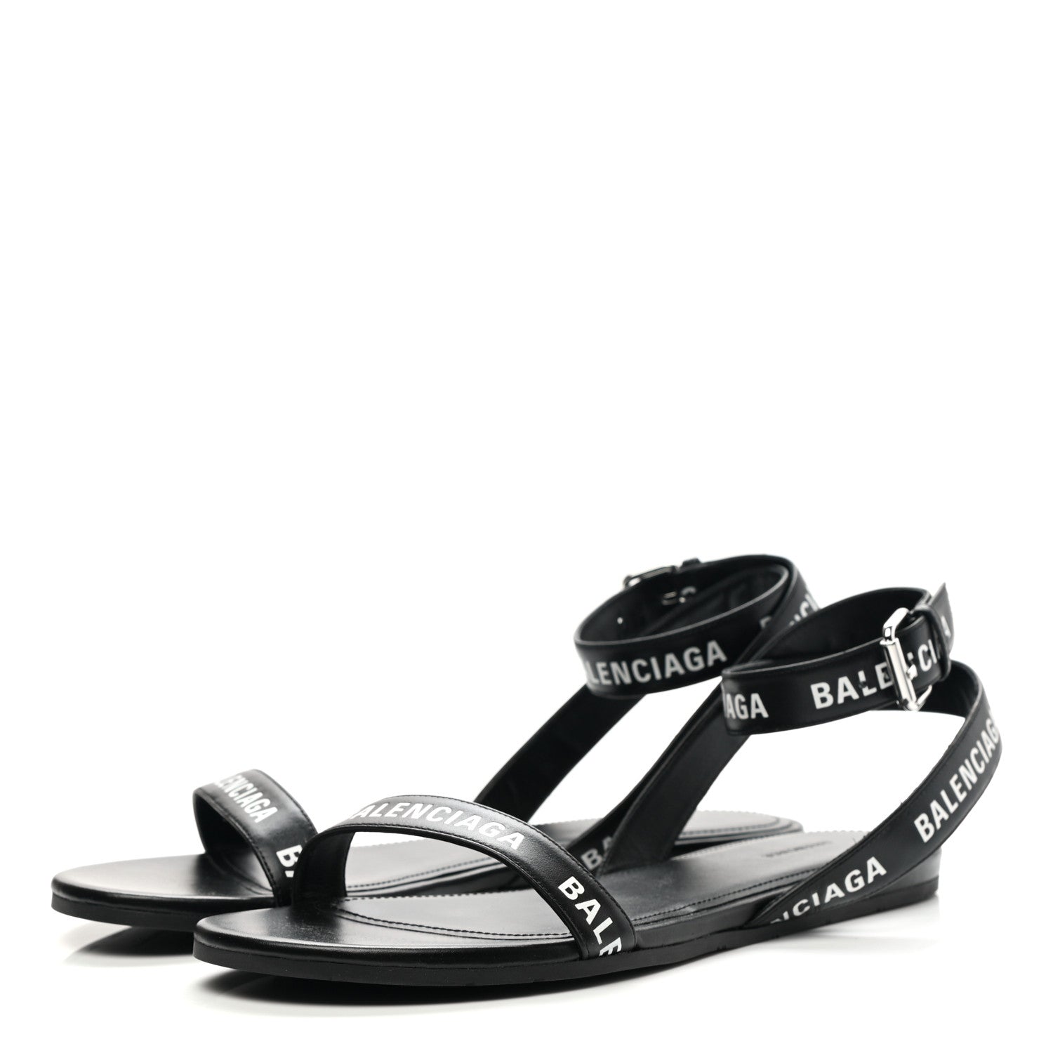 Balenciaga Calfskin Allover Logo Flat Sandals 36.5 Black White 3 of 9