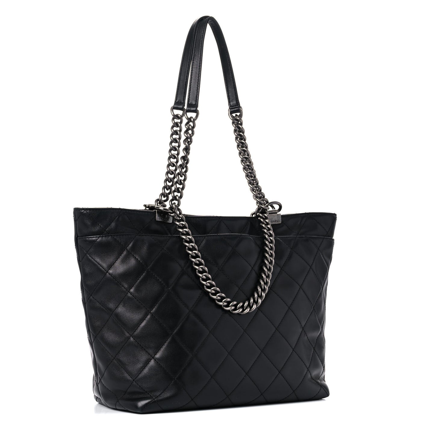 Sheepskin Quilted Chain Handle Large Shopping Tote Black