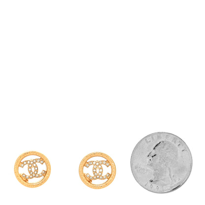 Chanel Metal Crystal Textured CC Round Earrings Gold 2 of 4