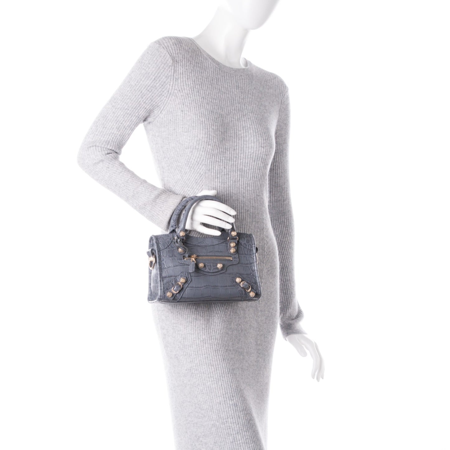 Calfskin Crocodile Embossed Giant 12 Gold Hardware Mini City Gris Beton