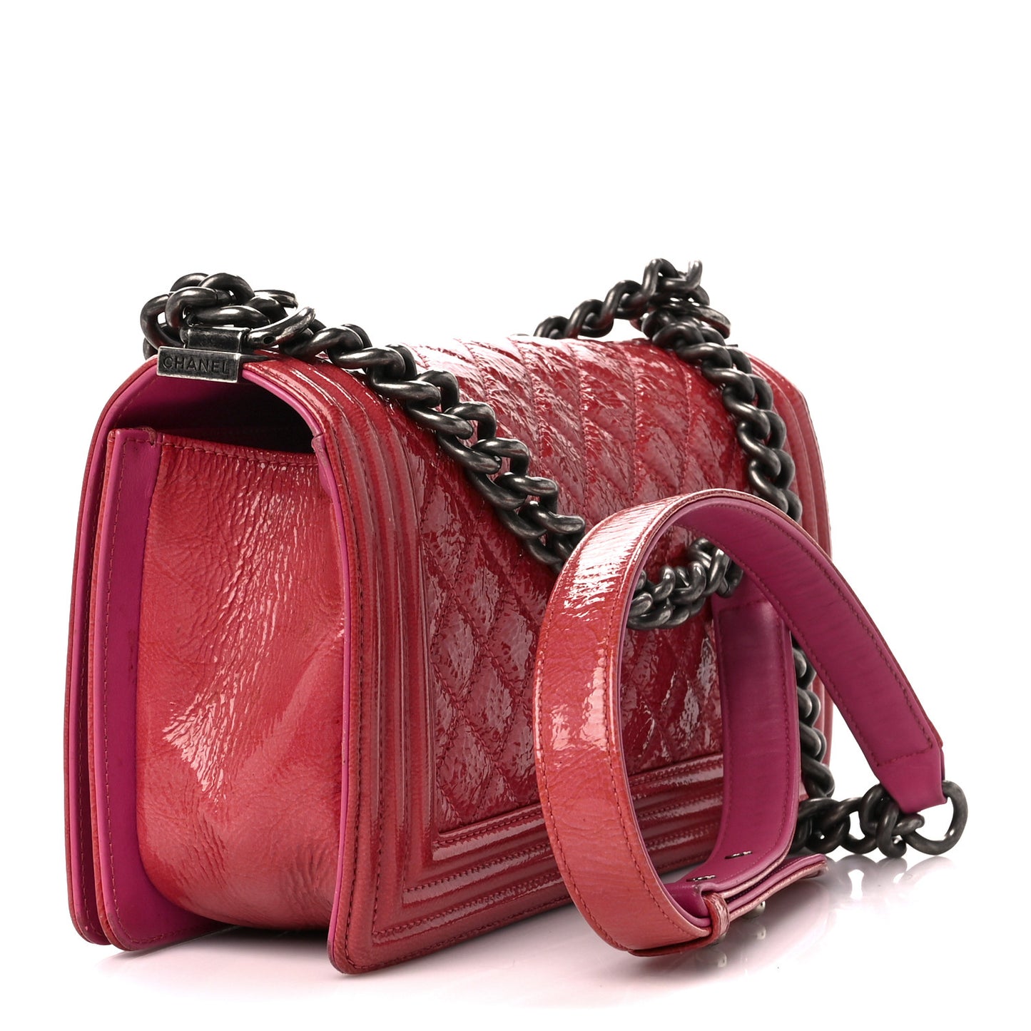 Distressed Patent Quilted Medium Boy Flap Pink Pink