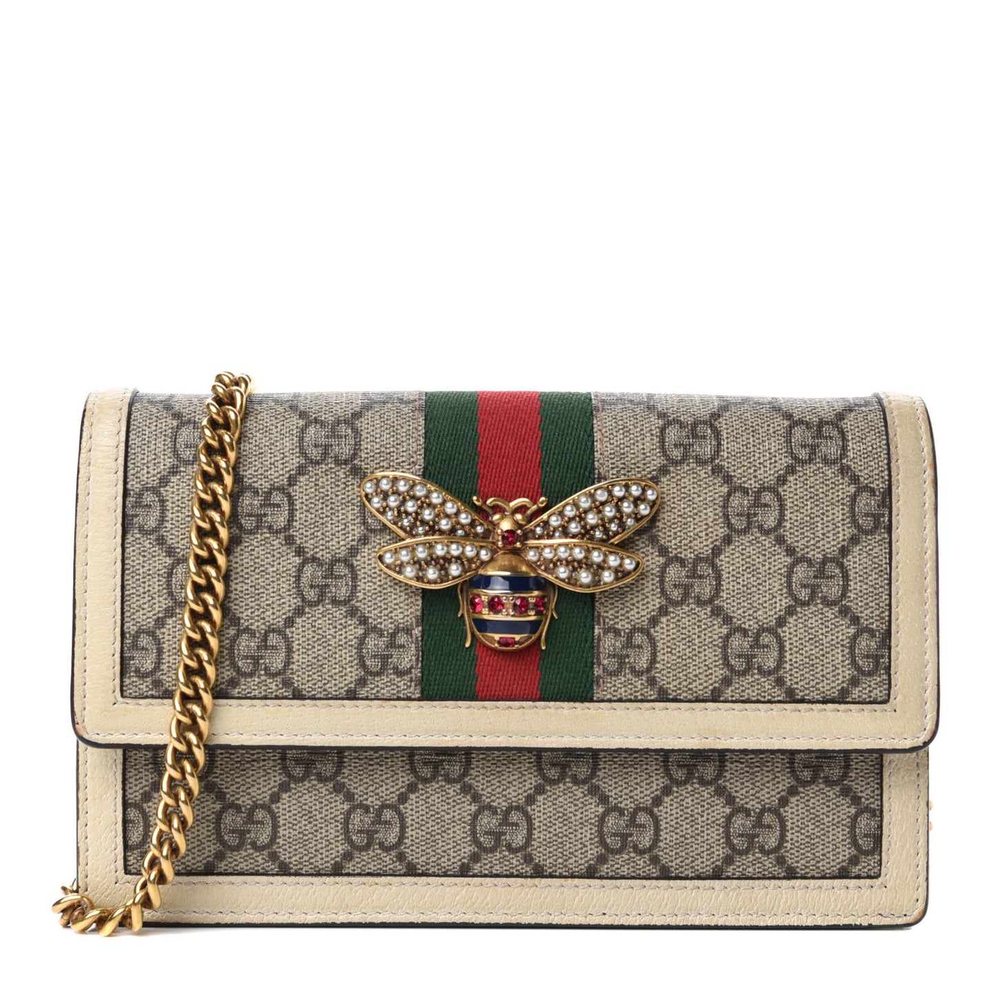 GG Supreme Monogram Web Queen Margaret Chain Wallet White