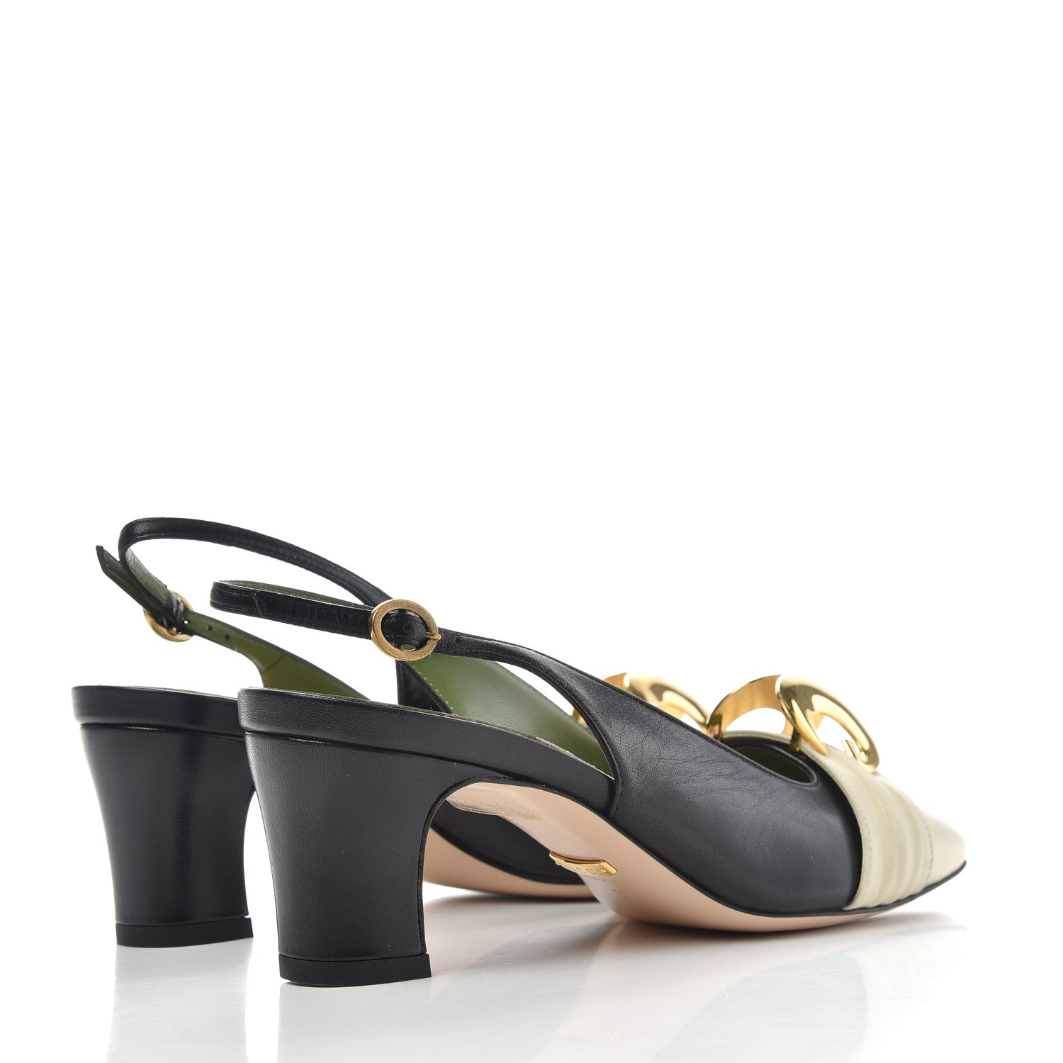 Gucci Malaga Kid Half Moon GG Square Toe Slingback Pumps 36 Black Vintage White 4 of 11