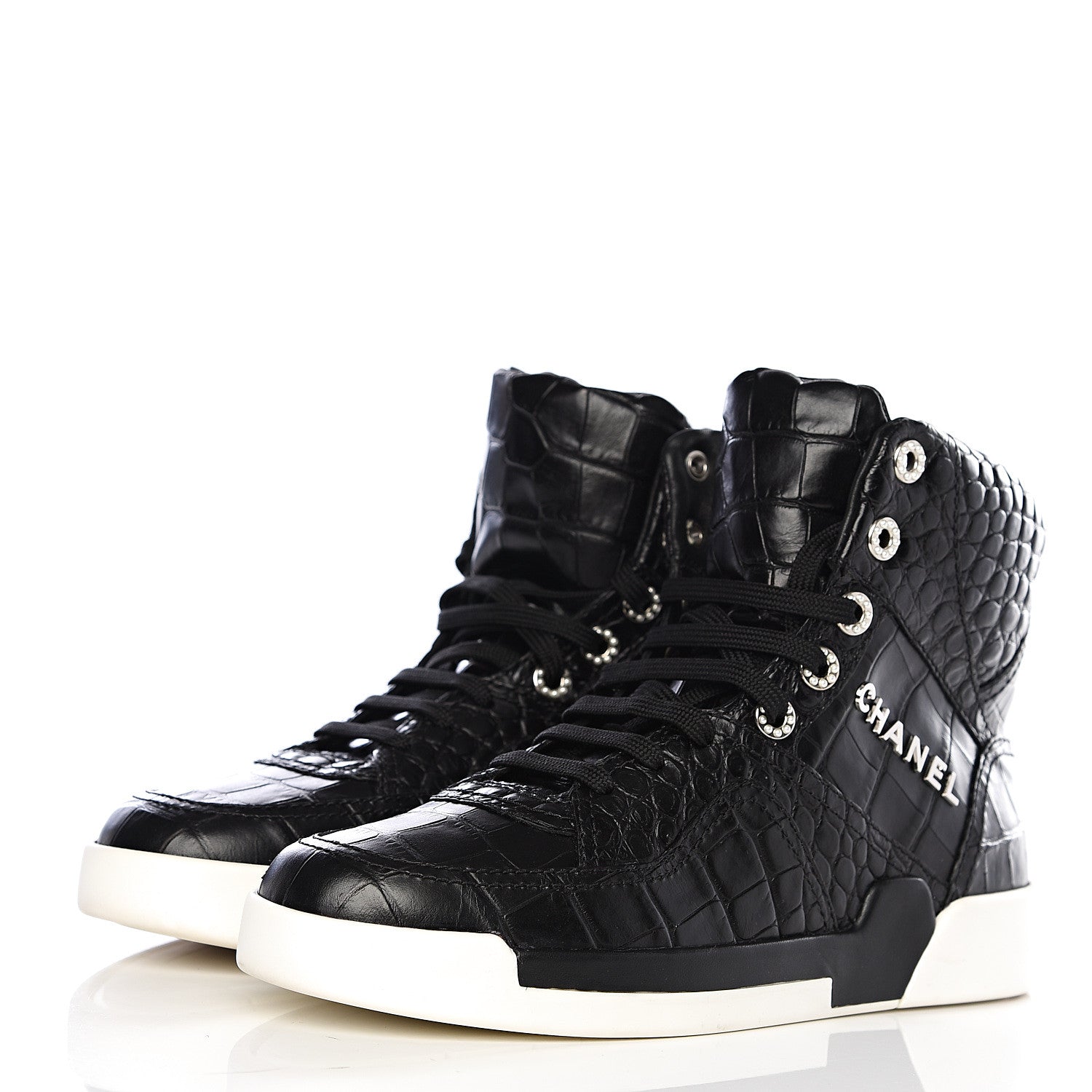 Chanel Calfskin Crocodile Embossed Cocodile High Top Sneakers 39 Black 3 of 10