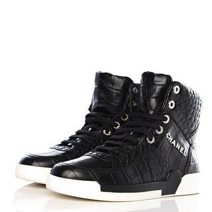 Chanel Calfskin Crocodile Embossed Cocodile High Top Sneakers 39 Black 3 of 10