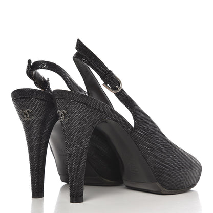 Chanel Shimmer Fabric Peep Toe Slingback Pumps 37.5 Black 4 of 13
