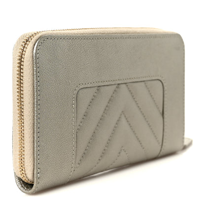 Chanel Metallic Sheepskin Chevron Quilted Medium Mademoiselle Vintage Zip Around Wallet Silver 3 of 10