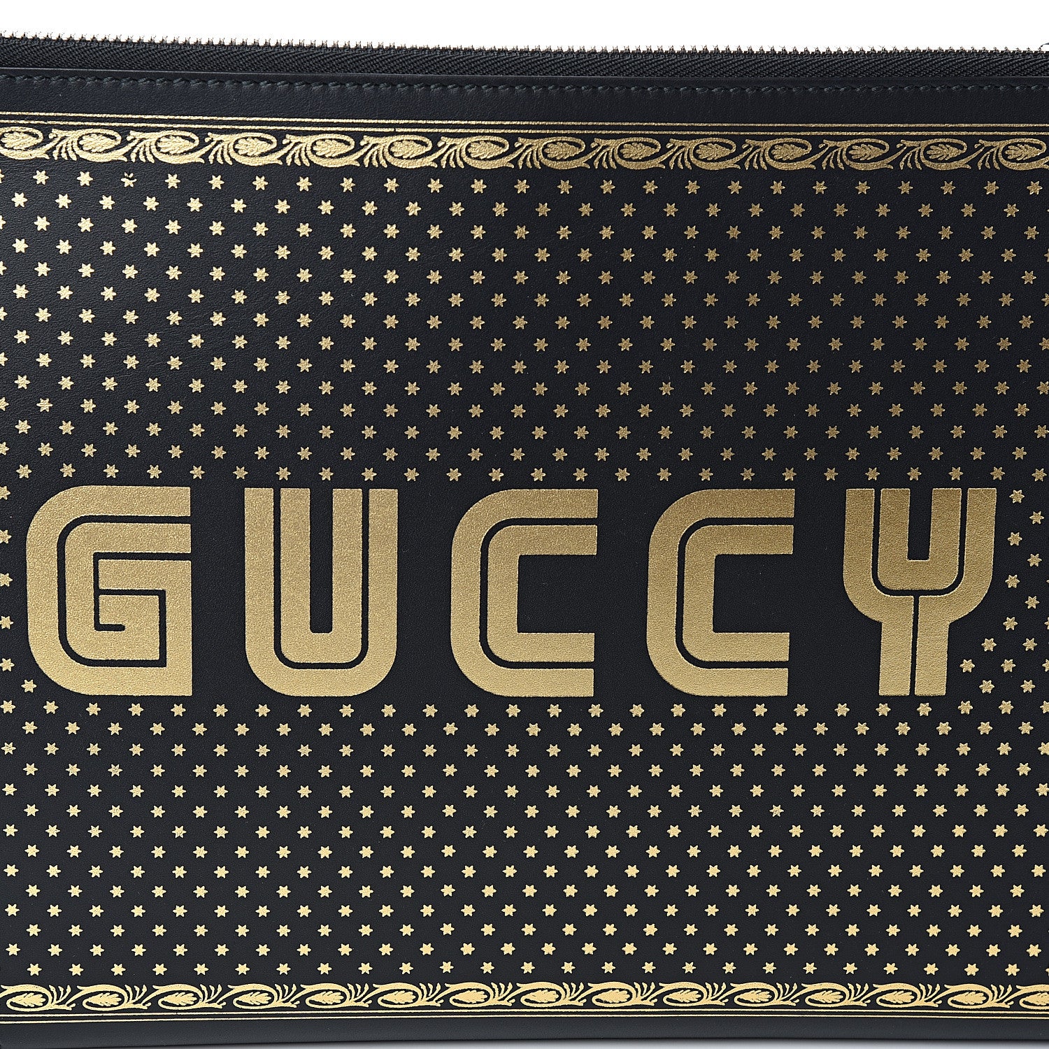 Gucci X SEGA Calfskin GUCCY Stars Zip Clutch Bag Black Gold 7 of 7