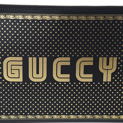 Gucci X SEGA Calfskin GUCCY Stars Zip Clutch Bag Black Gold 7 of 7