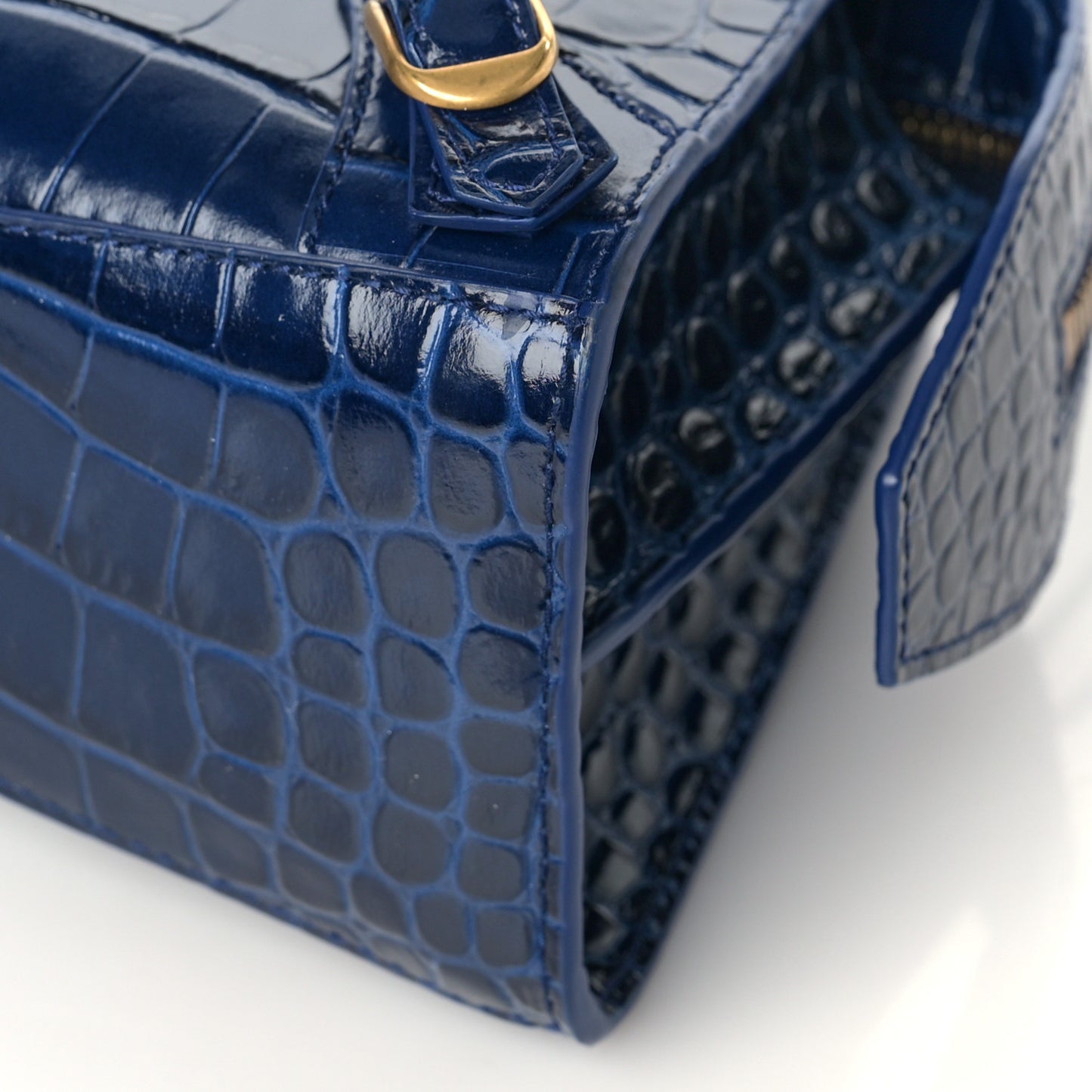 Shiny Supple Calfskin Crocodile Embossed Neo Classic Gold Hardware Mini City Navy