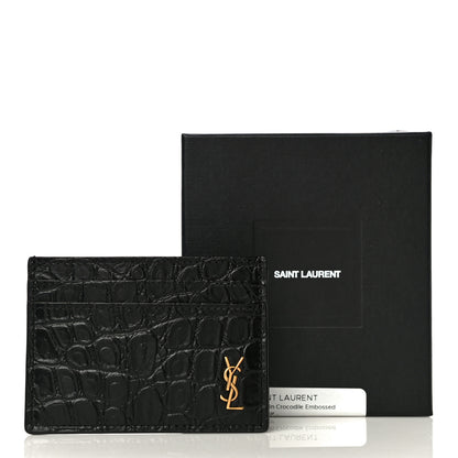 Saint Laurent Calfskin Crocodile Embossed Monogram Tiny Cassandra Credit Card Case Black 11 of 11