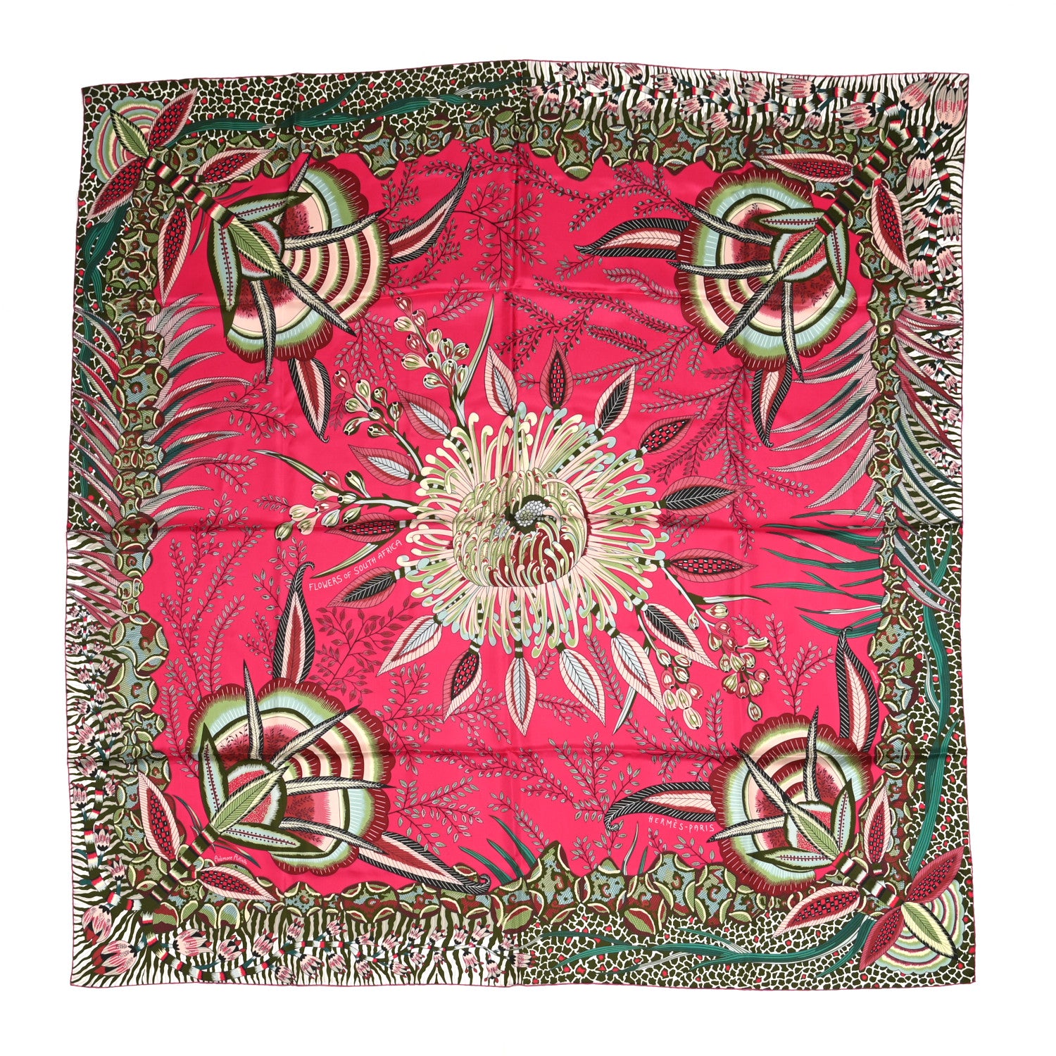 Hermes Silk Flowers of South Africa Scarf 140 Rose Indien Vert 1 of 5