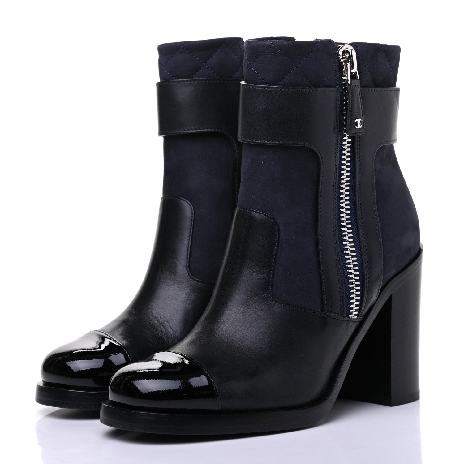 Chanel Calfskin Patent Cap Toe Short Ankle Boots 36 Navy Black 3 of 10