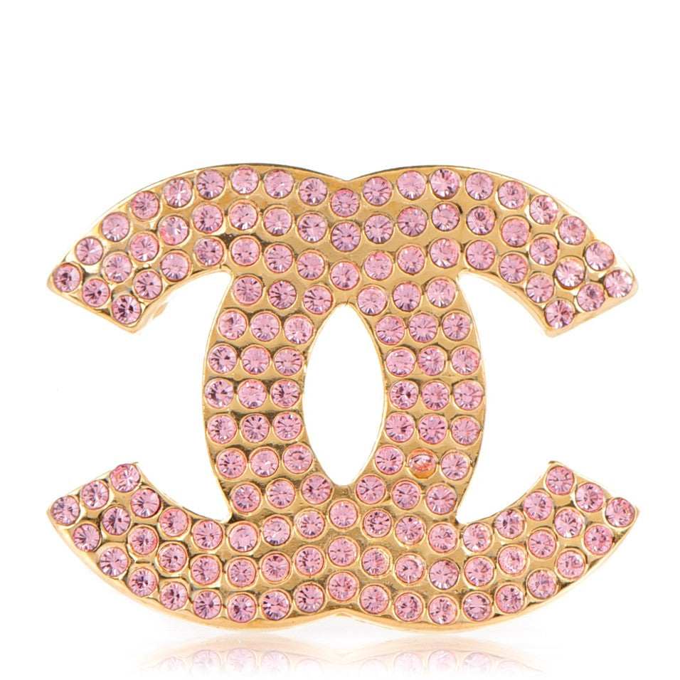 Chanel Crystal CC Brooch Pin Gold Pink 1 of 5