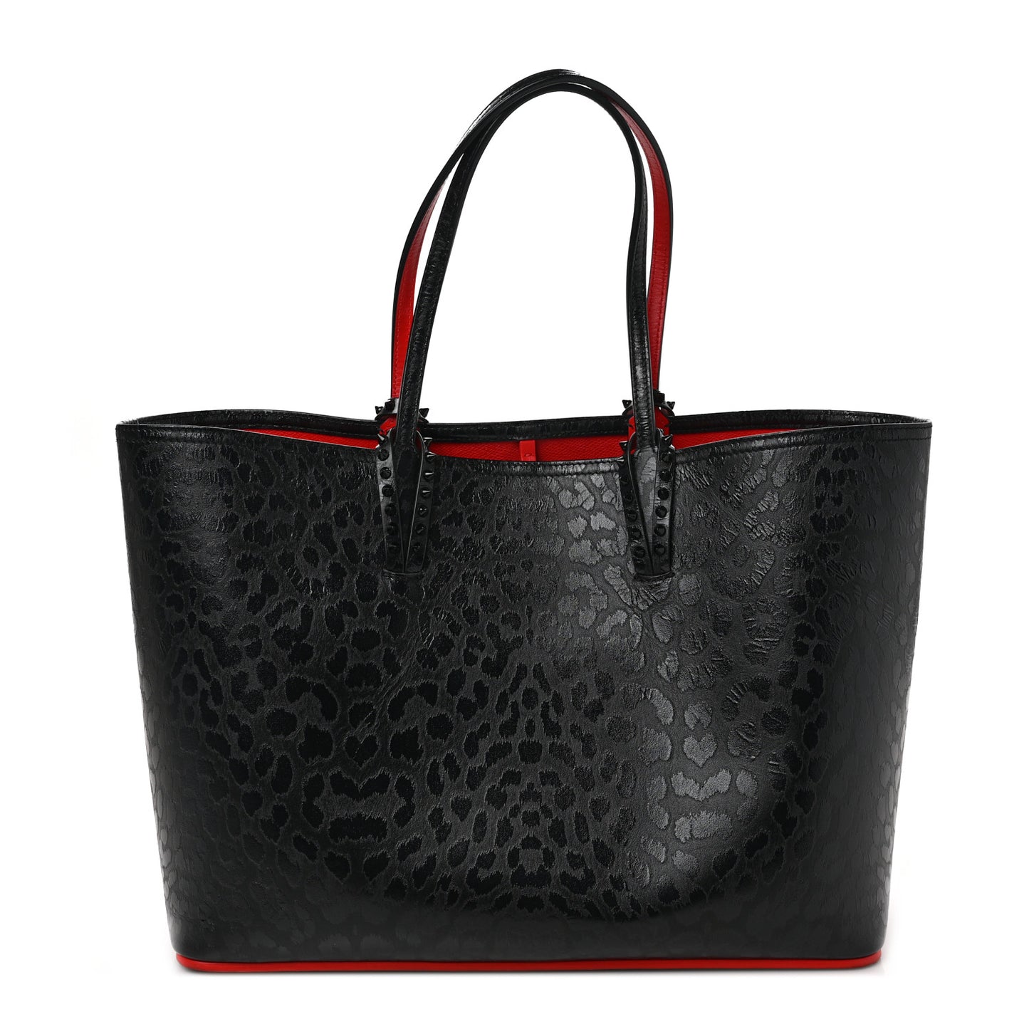 Patent Calfskin Leopard Print Spikes East West Cabata Tote Black