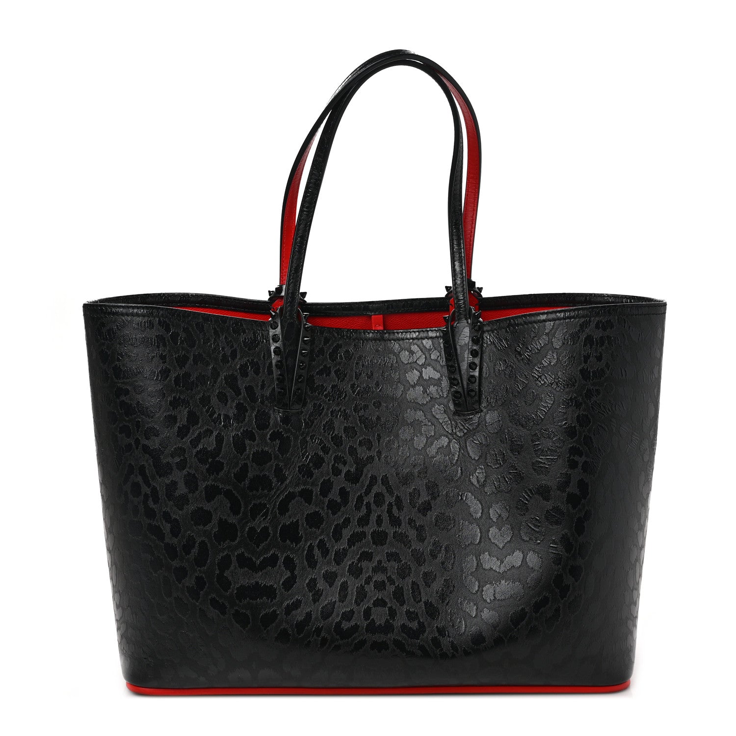 Christian Louboutin Patent Calfskin Leopard Print Spikes East West Cabata Tote Black 3 of 10