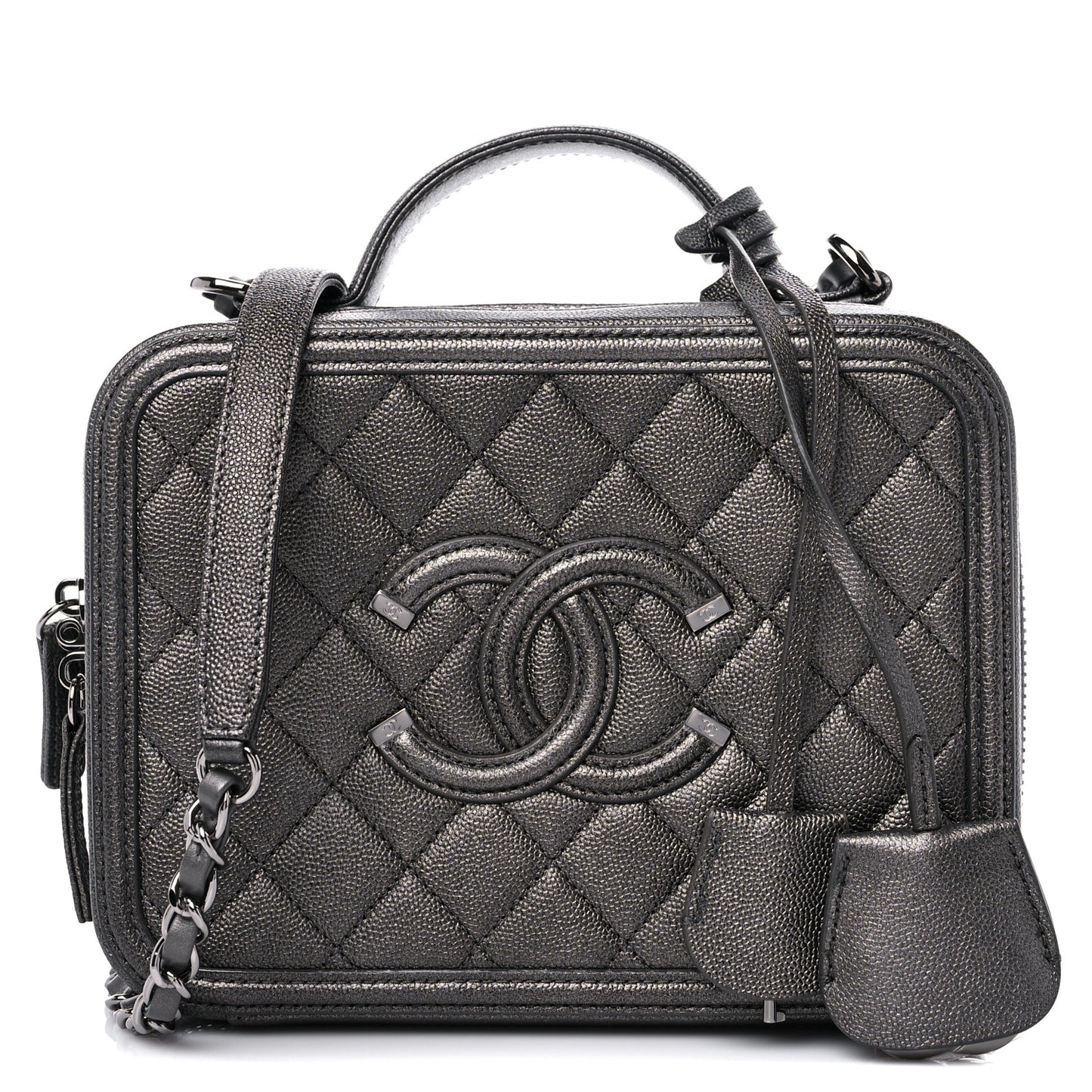 Metallic Caviar Quilted Medium CC Filigree Vanity Case Dark Silver