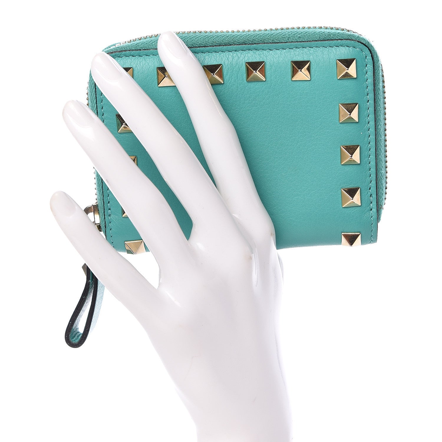 Valentino Garavani Calfskin Rockstud Zip Around Coin Case Card Holder Opaline Green 2 of 10