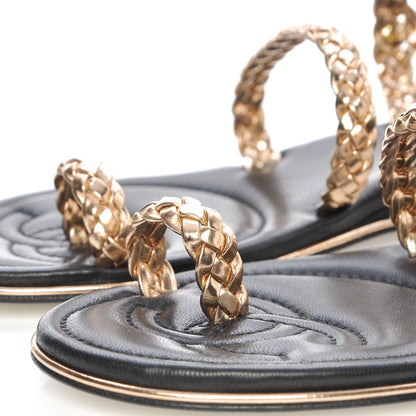 Chanel Metallic Calfskin Lambskin Braided Sandals 37 Black Gold 7 of 9