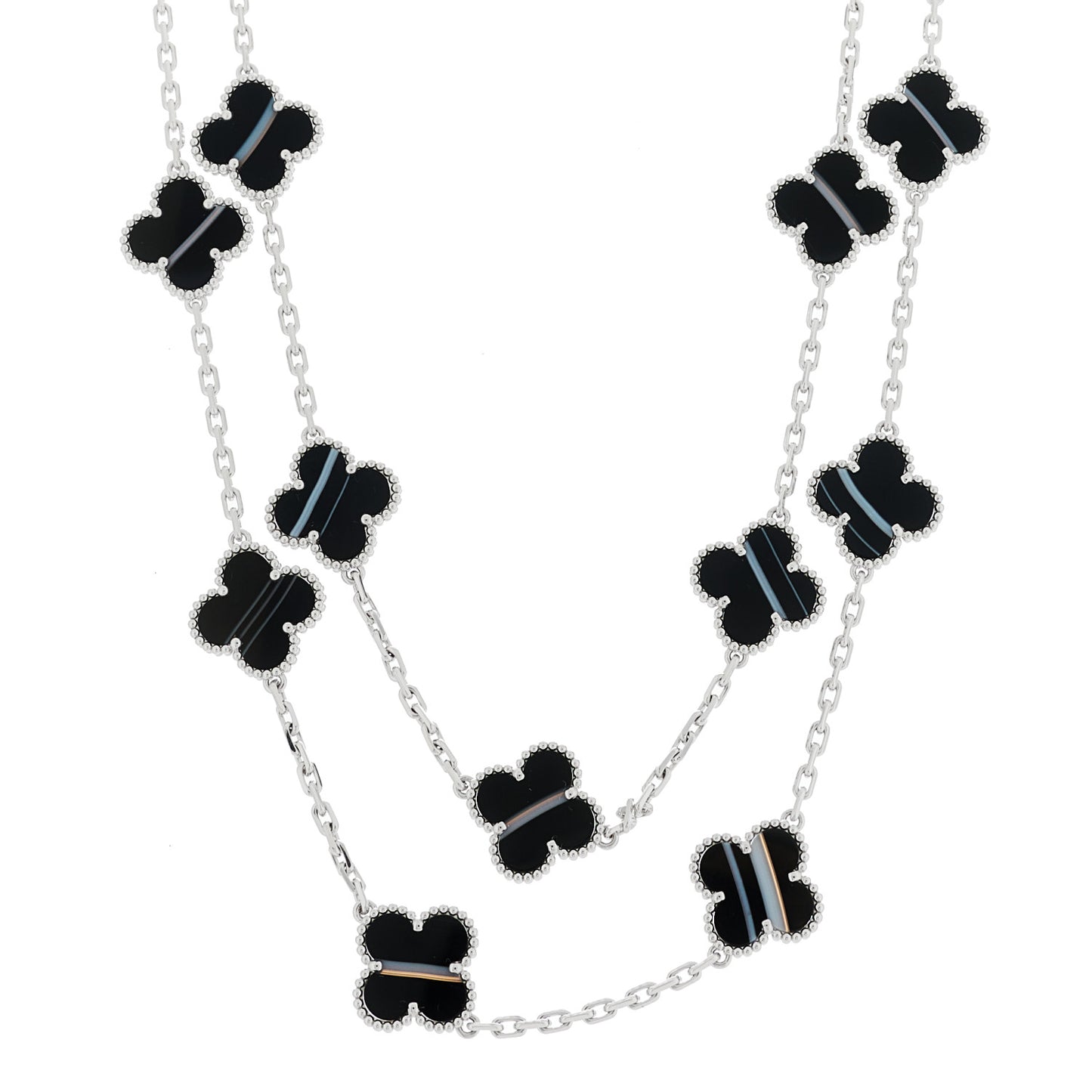 18K White Gold Veined Black Onyx 20 Motifs Vintage Alhambra Necklace