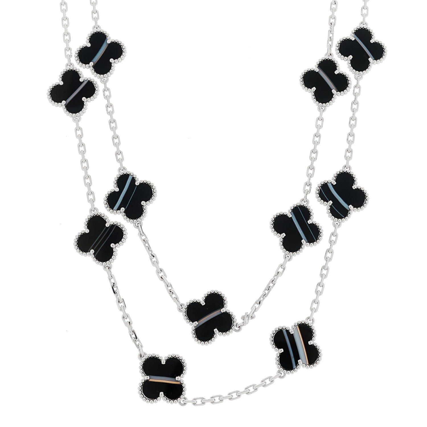 Van Cleef & Arpels 18K White Gold Veined Black Onyx 20 Motifs Vintage Alhambra Necklace 1 of 7