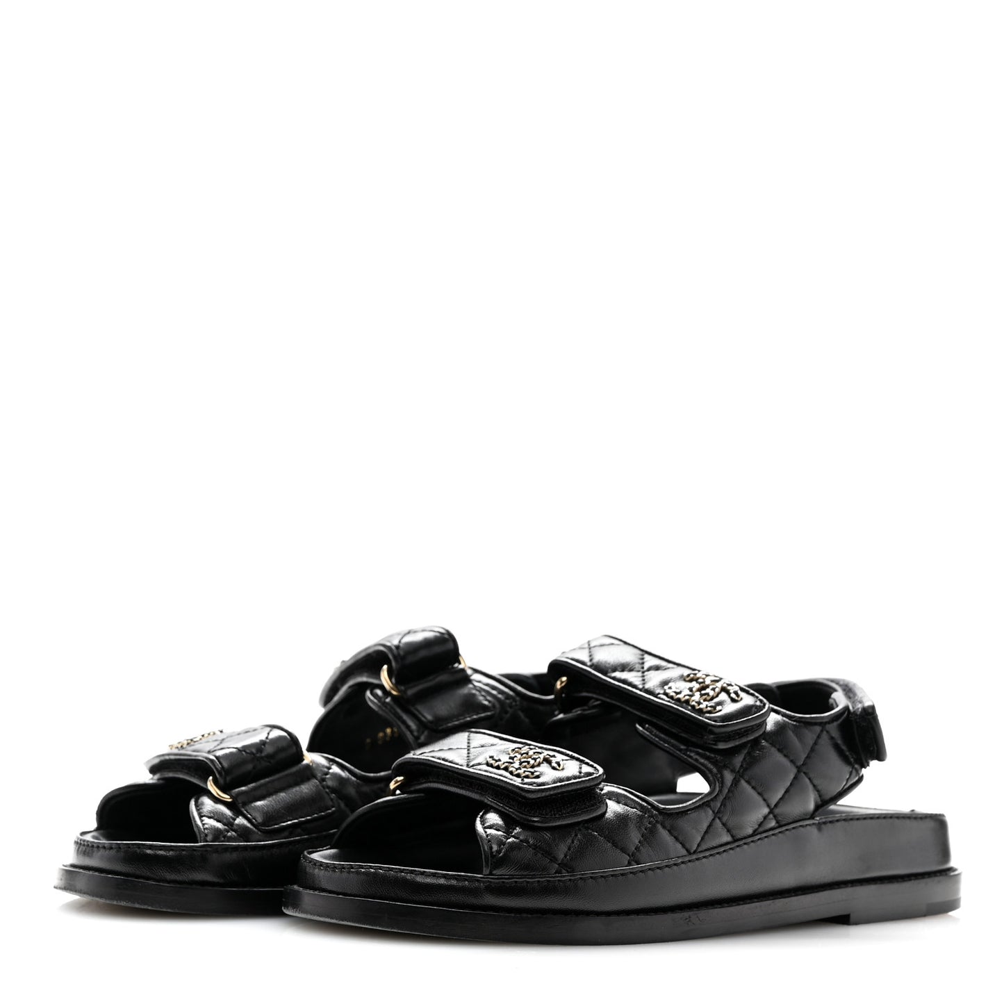 Lambskin Quilted Velcro Dad Chain CC Slide Sandals 35 Black
