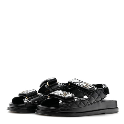 Chanel Lambskin Quilted Velcro Dad Chain CC Slide Sandals 35 Black 4 of 14