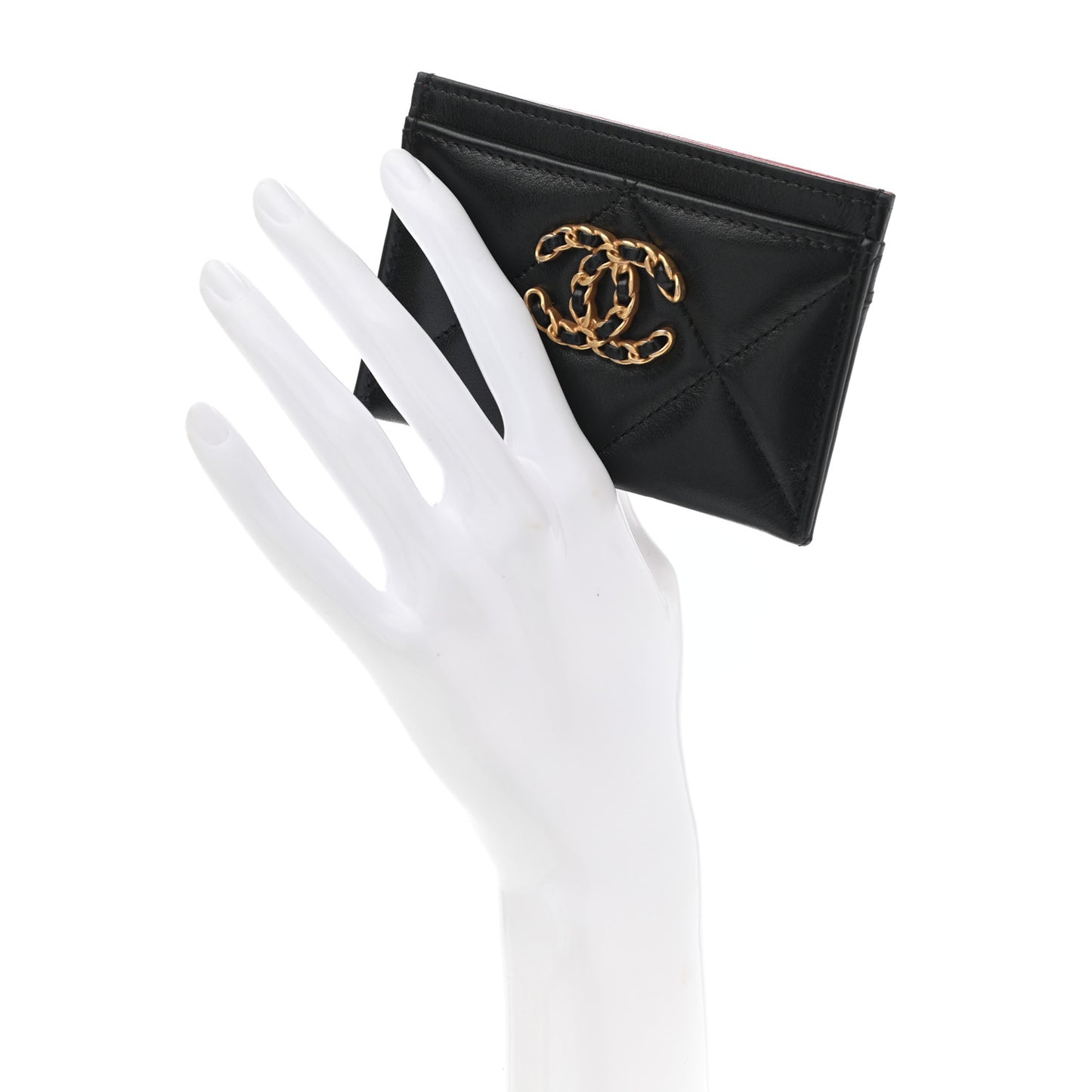 Shiny Goatskin Quilted Chanel 19 Card Holder Black