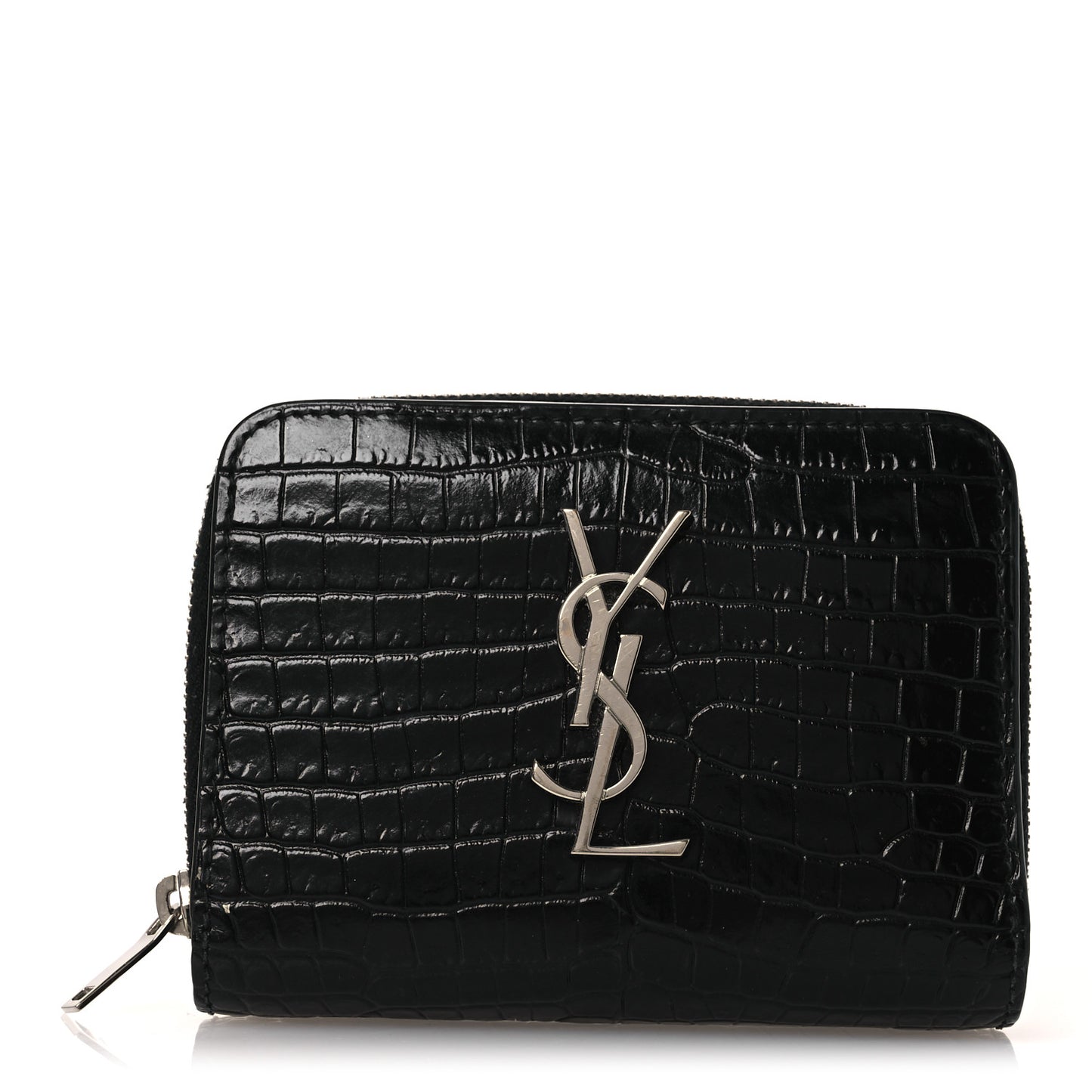 Calfskin Crocodile Embossed Monogram Compact Wallet Black