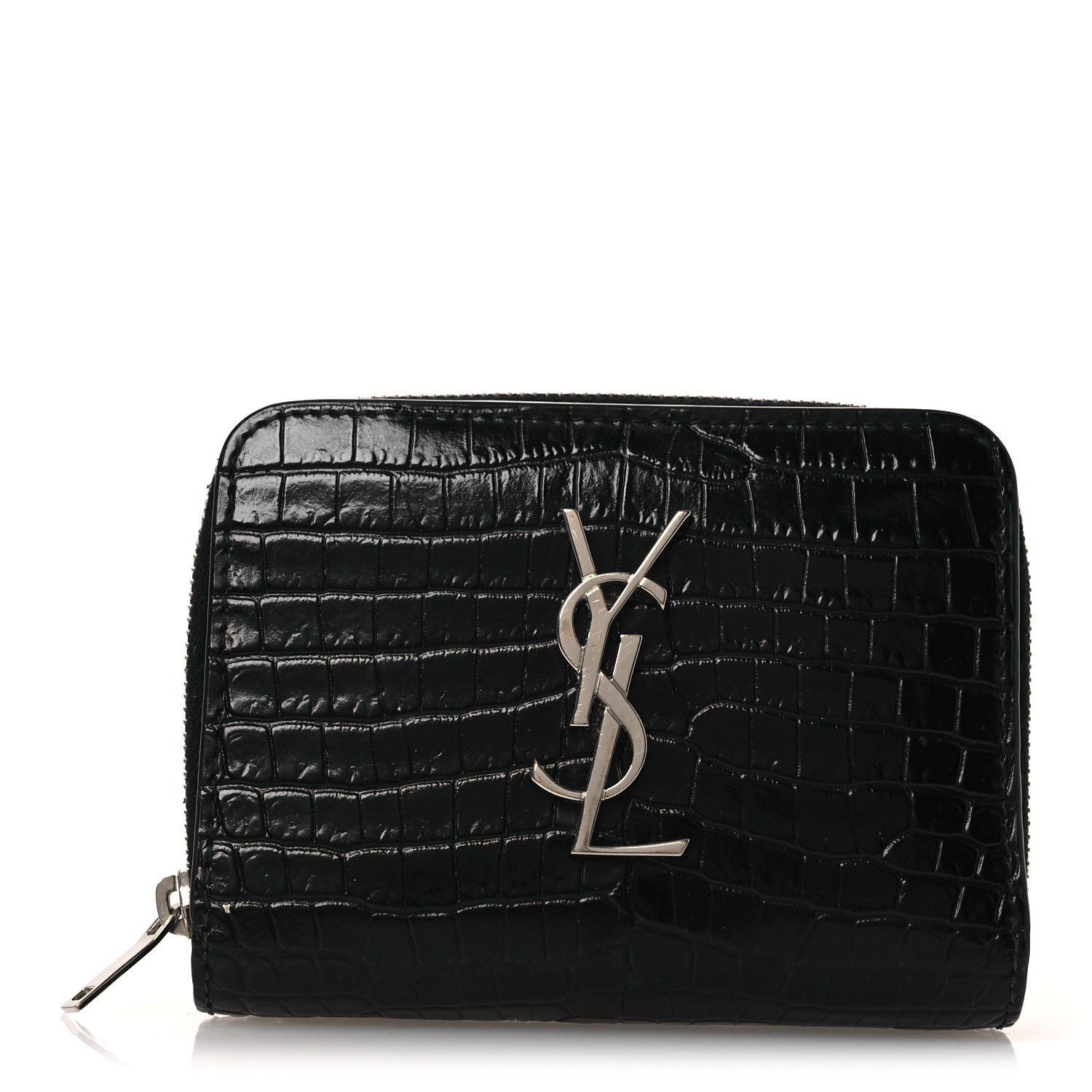 Saint Laurent Calfskin Crocodile Embossed Monogram Compact Wallet Black 1 of 9