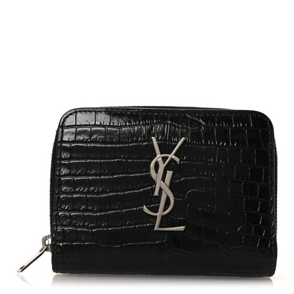 Saint Laurent Calfskin Crocodile Embossed Monogram Compact Wallet Black 1 of 9