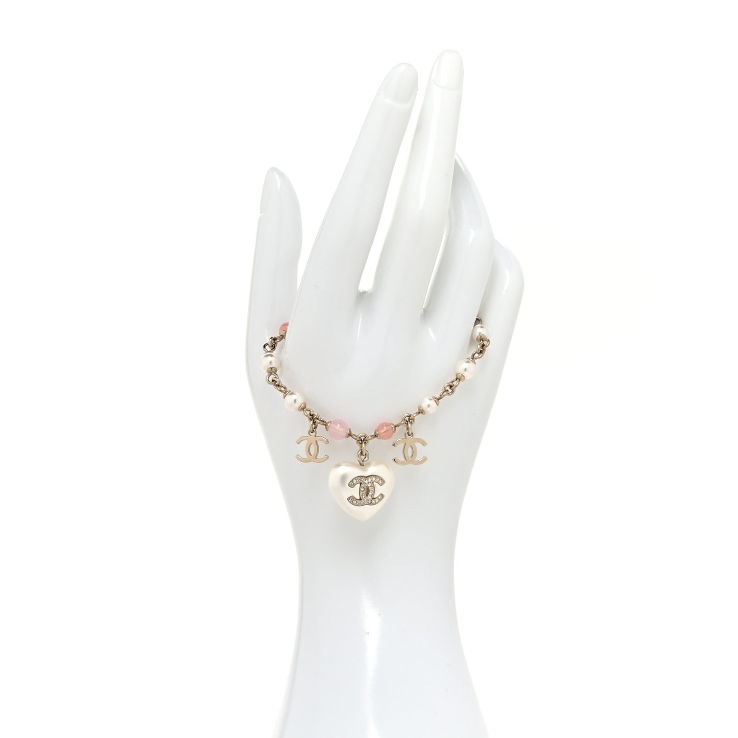 Pearl Crystal CC Heart Bracelet Pearly White Pink Gold