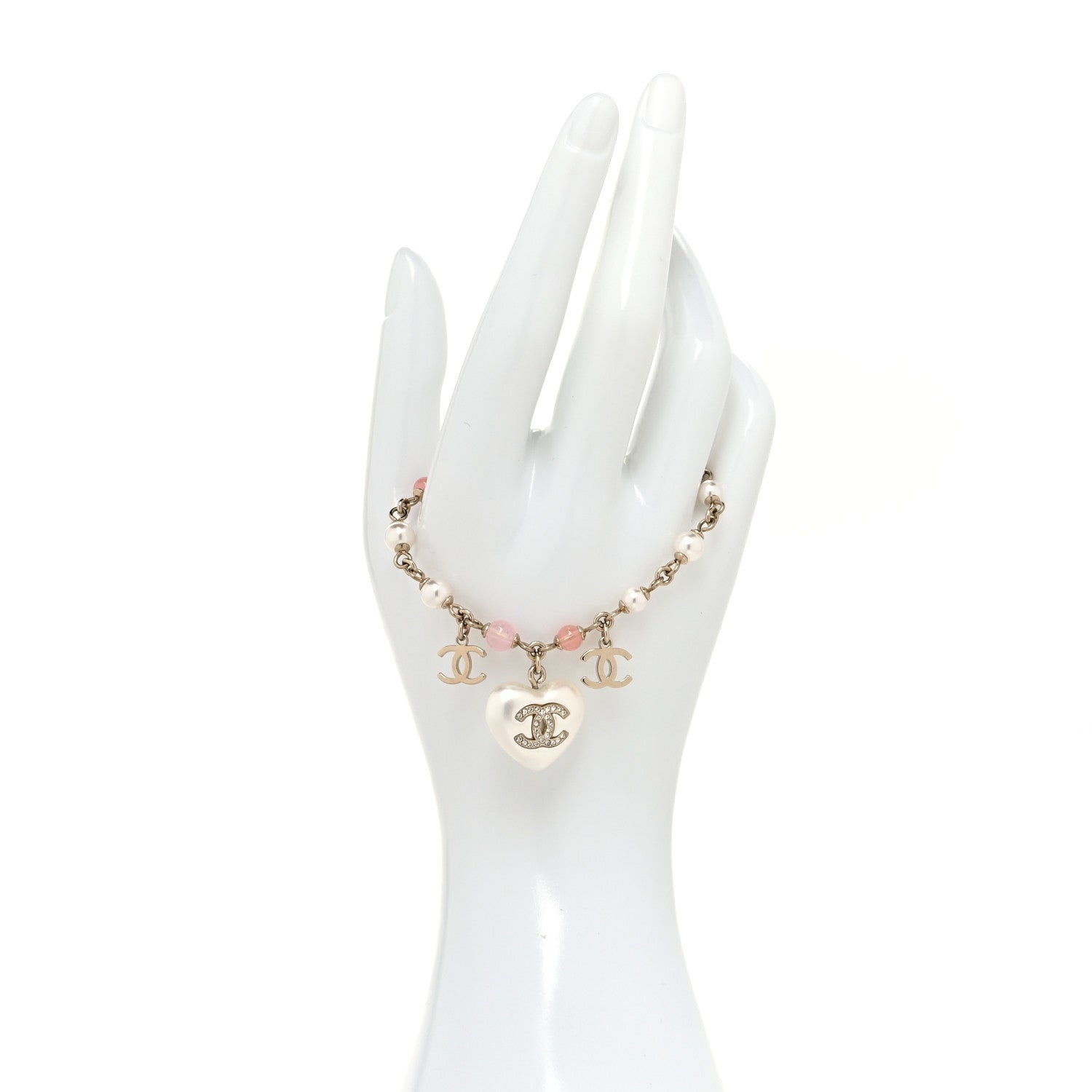 Chanel Pearl Crystal CC Heart Bracelet Pearly White Pink Gold 2 of 6