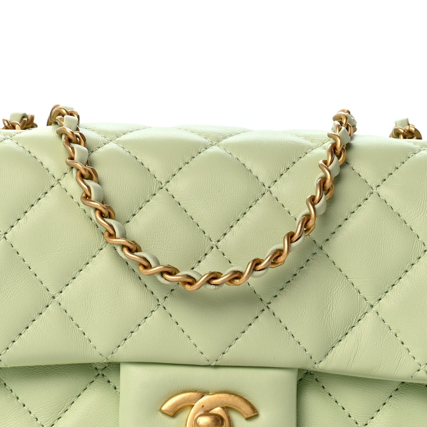 Lambskin Quilted Mini Pearl Crush Flap Light Green