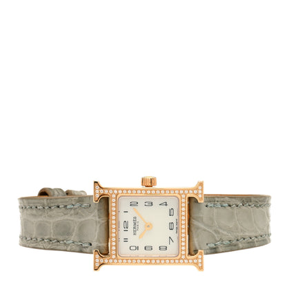 Hermes 18K Rose Gold Alligator Diamond Bezel Mother of Pearl 17.2mm Heure H Hour Quartz Watch Gris Perle 2 of 4